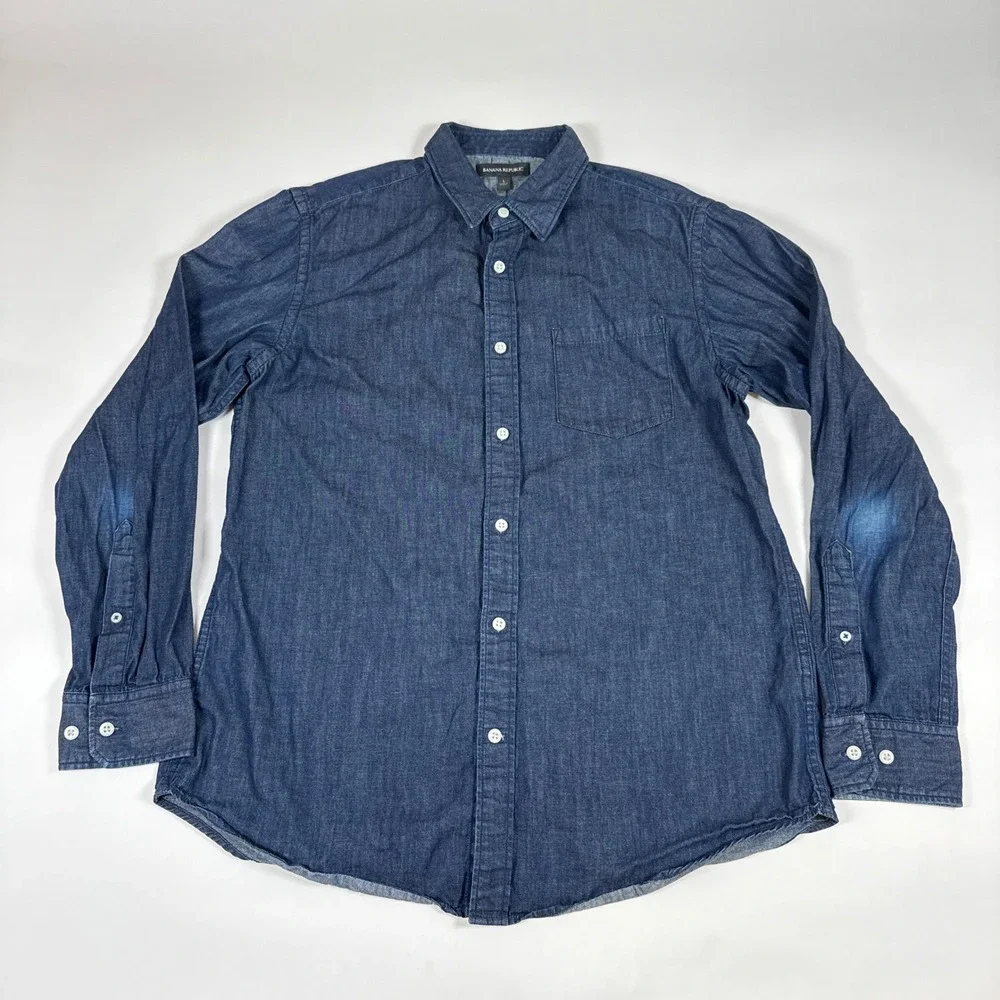 Banana Republic Denim Button Down Mens Large Blue Cotton Linen Blend Workwear